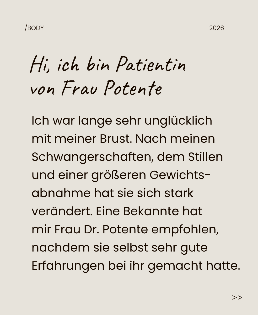 Karussell-Kachel mit Text: Patientin von Frau Dr. Potente über ihre Ausgangslage nach Schwangerschaften, Stillzeit und Gewichtsabnahme