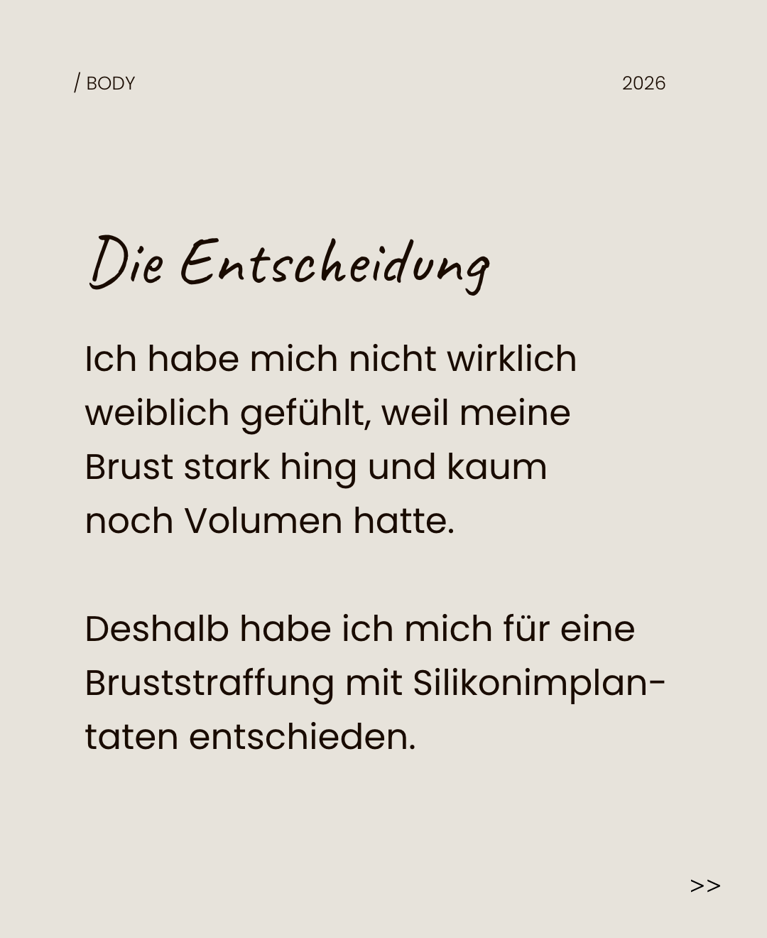 Karussell-Kachel mit Text: Entscheidung für eine Bruststraffung mit Silikonimplantaten