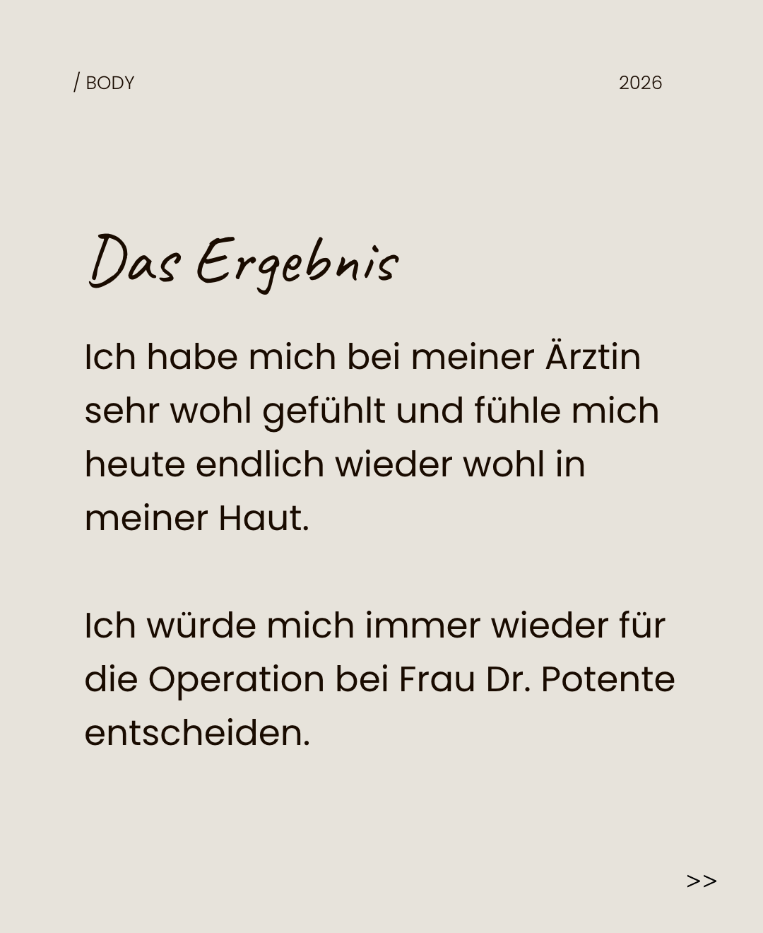 Karussell-Kachel mit Text: die Patientin über ihr Befinden nach der Operation