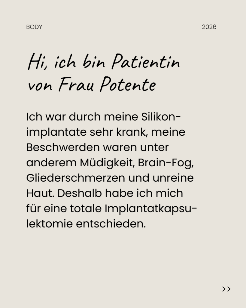 Carousel slide with text: Dr. Potente’s patient on her symptoms and her decision to have a total implant capsulectomy
