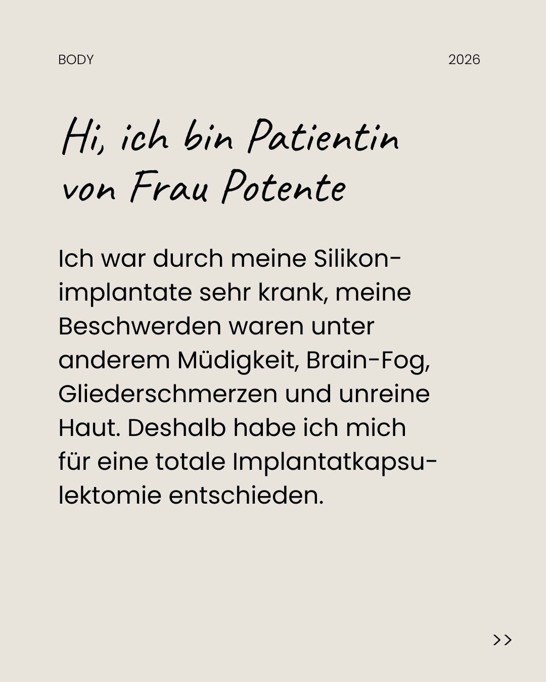 Carousel slide with text: Dr. Potente’s patient on her symptoms and her decision to have a total implant capsulectomy